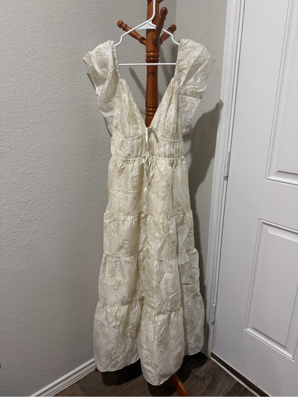 Women's Ivory Textured Maxi Dress with Deep V-Neck
